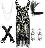 Women's Vintage 1920s Sequin Beaded Tassels Hem Flapper Dress w/Accessories Set