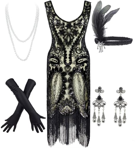 Women's Vintage 1920s Sequin Beaded Tassels Hem Flapper Dress w/Accessories Set