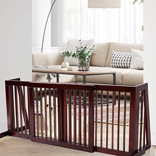 COSTWAY Wooden Pet Gate, 71-203cm Adjustable Freestanding Dog Barrier, 3 Panels Step Over Safety Fence for Doorway Stairs Corridor