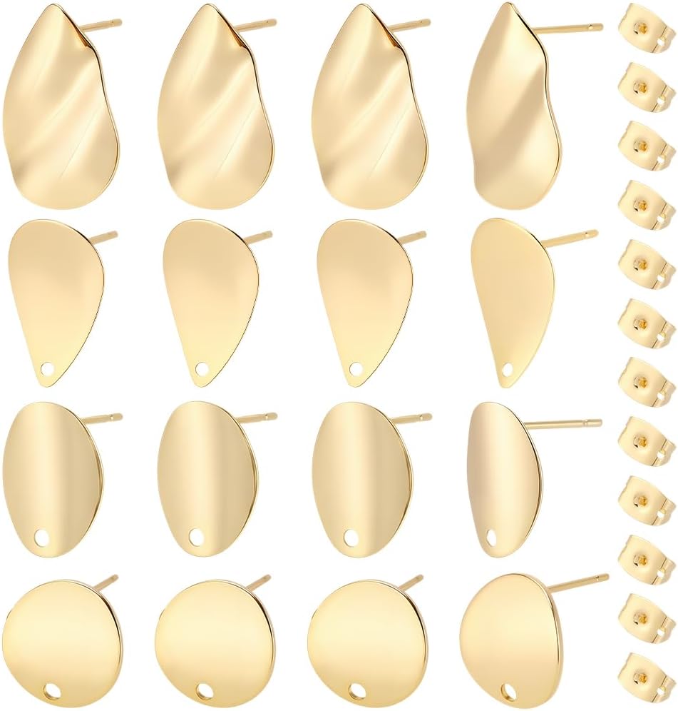 Beebeecraft 1 Box 12Pcs Stud Earring Findings 18K Gold Plated Brass Teardrop Flat Round Oval Earring Studs with Hole for DIY Jewelry Making
