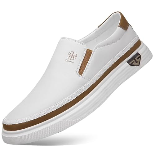 Trsorini Mens Casual Shoes Soft Comfortable Flat Lightweight Moccasin Classic Breathable Leather Men's Shoes White 10