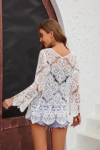 Image of Women's Cotton Casual Floral Lace Crochet Long Sleeve Cardigan Boho Cover Up