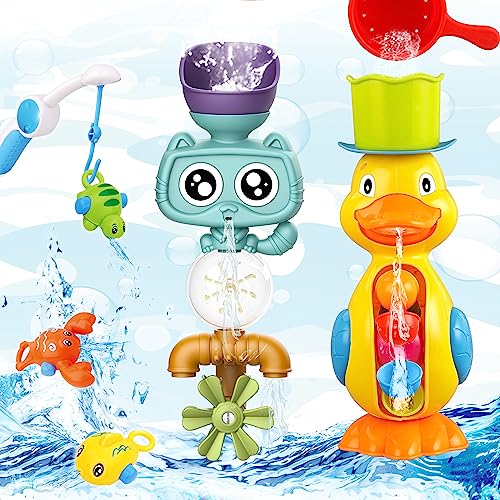 Bath Toys for Toddlers 1-3 3-5,Baby Bath Toys Cute Duck Cat Waterfall with Rotate Waterwheel Shower Toys,Fishing Game,Floating Bathtub Toys Swimming Fish Toy,Baby Water Toys Pool Toys for Toddlers 1-3