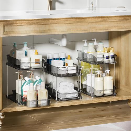 Image of Delamu 2-Tier Under Sink Organizers and Storage, Multi-Purpose Stackable Bathroom Cabinet organizers, Pull Out Kitchen Pantry Organization and Storage with Dividers(3 Pack, Grey)