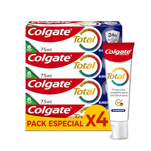 COLGATE Total Blanqueador Pasta de Dientes Blanqueadora, 4 Uds x 75ml, Dentífrico Blanqueador con 24H Defensa Antibacteriana Reforzada para la Boca*, Exclusiva Tecnología Antibacteriana de Doble Zinc