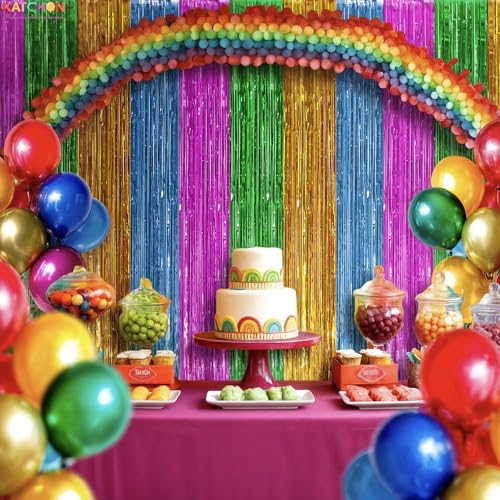 Image of KatchOn, XtraLarge Multicolor Fringe Backdrop - Pack of 3 | Foil Fringe Curtain for Hawaiian, Luau, Fiesta, Tropical Party Decorations | Streamers Party Decorations for Birthday, Wedding, Baby Shower