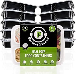 Perfect Placed [10 Pack] 3 Compartment Meal Prep Containers with Airtight Lids Microwave & Dishwasher Safe, Reusable Stackable BPA Free inc 10 Sauce cups w labels