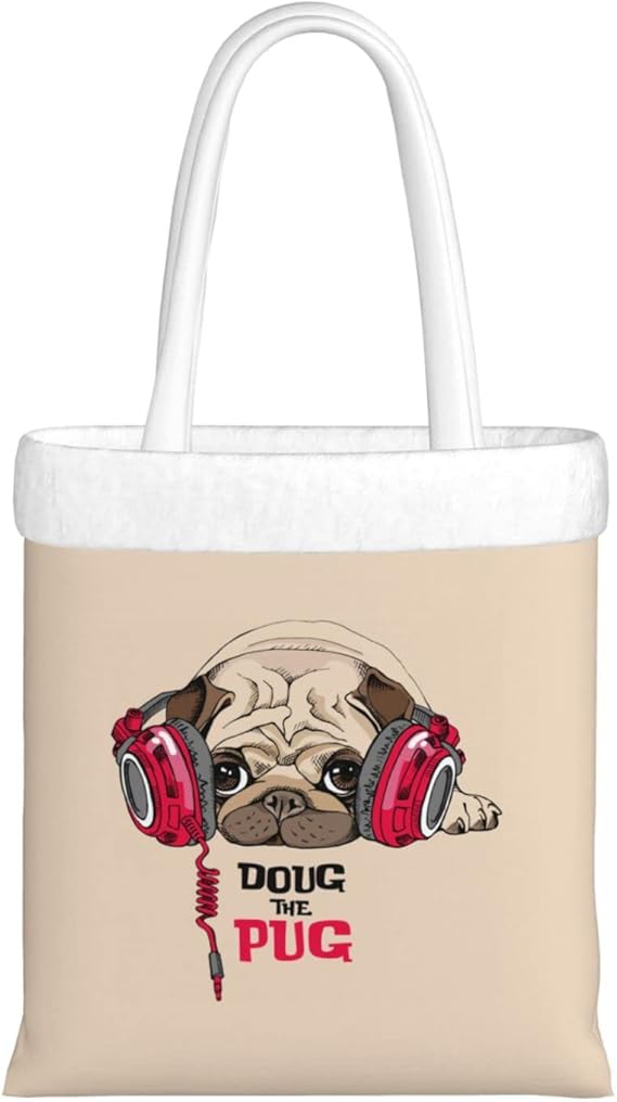 Amazon トートバッグ パグ ヘッドホン クリスマス ふわふわ 可愛い おしゃれ バッグ 手提げ袋 ファッション 贈り物 持ち運びが容易 ギフト バッグ 贈り物 クリスマスプレゼント シューズ バッグ