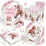 120PCS Cowgirl Horse Birthday Party Supplies Pink Western Horse Party Decorations for Girls Plates Napkins Party Supplies Serves 20 Guests