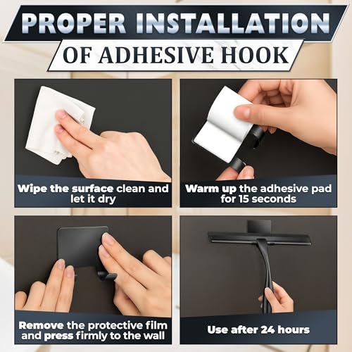 Image of Shower Door Squeegee with Hook - 10 inch Silicone Blade, Stainless Steel Black Squeegee for Shower Glass with Adhesive Mount - All-Purpose Bathroom Tile, Mirror, & Window Wiper for Streak-Free Cleaning