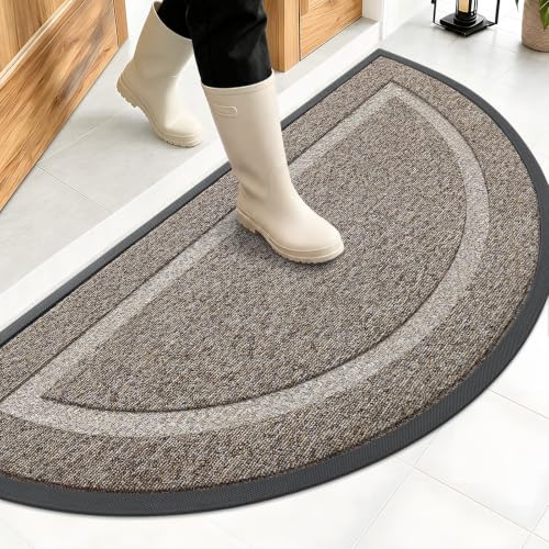 Image of OLANLY Half Circle Door Mat Indoor Outdoor Entrance Welcome, Waterproof All-Season, All-Weather Doormat, Sturdy Natural Rubber, Easy Clean Patio Porch Entryway Mat, 47x23, Khaki and White