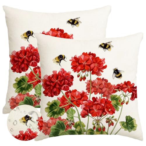 RABUSOFA Spring Summer Outdoor Geranium Pillow Covers 18x18 Inch Set of 2 Waterproof for Outside Red Bee Holiday Farmhouse Seasonal Indoor Cushion Cases Decoration for Patio Furniture