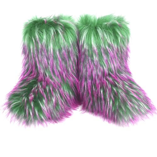 Image of Fashion Fur Boots,Flat Heel Comfy Plush Warm Snow Booties,2025 Winter Outdoors Furry Boots,Mid-Calf Faux fur Boot for Women.