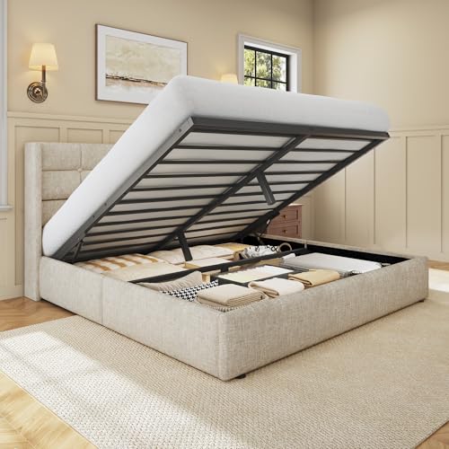 Image of HISOFT Queen Size Lift Up Storage Bed Frame, Linen Upholstered Platform Bed with Wingback Headboard, Heavy Duty Hydraulic Gas Lift Underbed Space, Reinforced Full Metal Slats, Noise Free, Beige