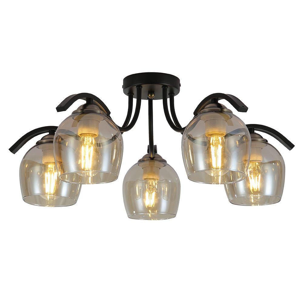 TEKLED® Ceiling 5 Arm Pendant Light | Amber Glass Black Semi-Flush Luminaire | 5xE27 Edison Screw Bulb Base | Home Industrial Modern Design Chandelier | For Bar Kitchen Dining Room Bedroom Coffee Shop — image 1