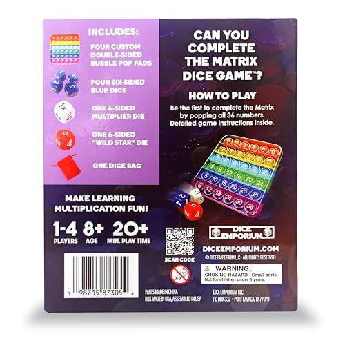 Matrix Dice Game – Pop-and-Play Bubble Pad Educational Math Dice Game – Fun Math Games for Kids 8–12, Teens, Adults, and Seniors – Ideal for Classrooms and Family Board Game Night for 2-4 Players
