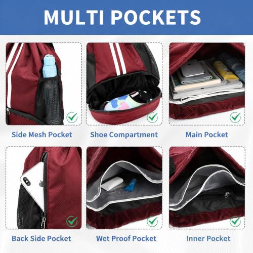 Image of JELUTAR Drawstring Backpack Gym Bag with Shoes Compartment, Burgundy