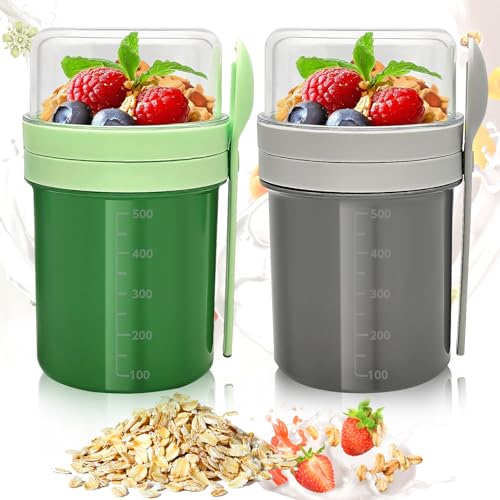 XUNIVERS 2 Stück Joghurtbecher to Go Kinder,Haferbehälter mit Deckel und Löffel,550 ml + 250 ml,Milch,Gemüse und Obstsalat,Aufbewahrungsbehälter mit Messmarkierungen,Joghurt Box to Go Becher.