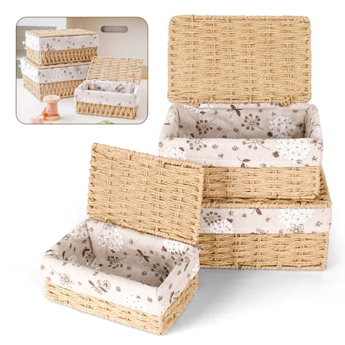 JiangLin Set di 3 Cestini Portaoggetti con Coperchio in Corda di Carta Intrecciata a Mano, Cesto Vimini Intrecciato a Mano con Fodera, Cestino Organizzazione Eco-Compatible per Bambini, Cucina, Bagno