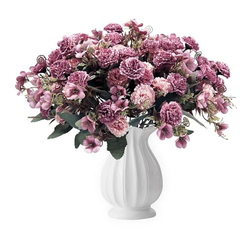 Tinsow Artificial Flowers Faux Ball Chrysanthemum Bouquet Silk Purple Carnations Flowers Bridal Vintage Bouquet for Home Outdoor Front Door Wedding Decoration (6, Purple, Champagne)