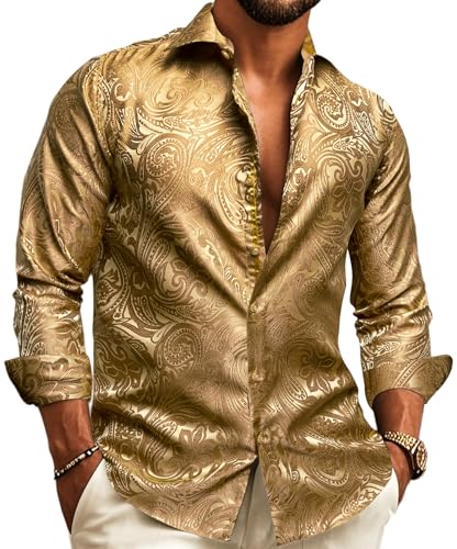 Barry.Wang Mens Western Shirts Silk Paisley Long Sleeve Button Down Dress Shirt Designer Mexico Cowboy Shirt Party Casual