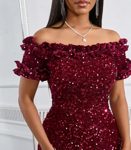 Image of dasmzper Women Sexy Sequin Off Shoulder Ruffle Short Sleeve Bodycon Mermaid Party Formal Evening Maxi Dress