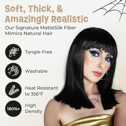Image of ALLAURA Compatible with Black Cleopatra Wig for Women - Long Straight Bob Wig with Bangs - Egyptian Queen Costume Wig for Adults, Halloween, Ancient History Cosplay, Goddess Outfit, Party Accessory
