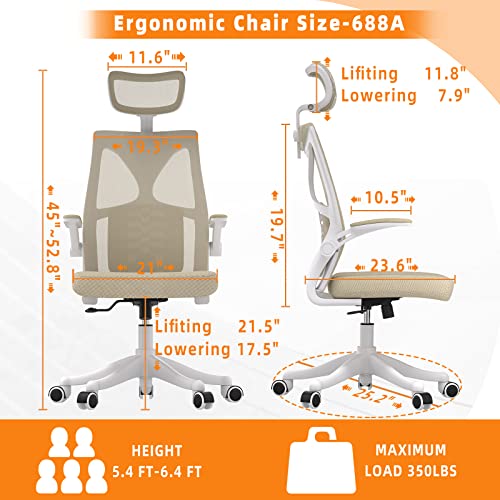 Younmall Ergonomic Office Chair, High Back Desk Chair, Breathable Mesh Desk Chair With Lumbar Support, Adjustable Headrest And Flip-Up Arms, Swivel Task Chair With Adjustable Height (Khaki) #TOP1