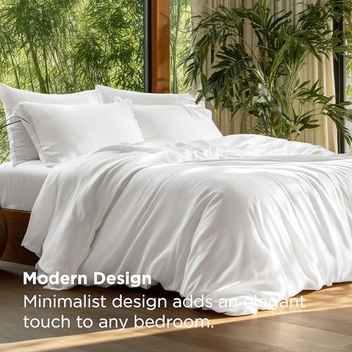 Bedsure Silky Cooling Duvet Cover King Size - Lightweight 100% Rayon Derived from Bamboo Comforter Cover Set for Hot Sleepers, Breathable & Moisture-Wicking Bedding Set, Pure White