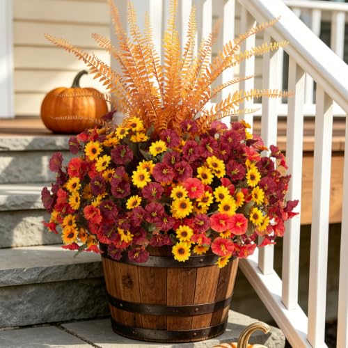 Image of Artificial Fall Mums Flowers Fake Plants for Outdoors Decoration | 8 PCS Silk Morning Glory, 4 PCS Mums with Faux Fern Realistic UV Resistant Flowers for Outside Planter Yard Patio Garden