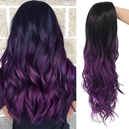 Beweig Black Purple Long Wavy Wig for Women Synthetic Heat Resistant Daily Party Costume Halloween, L593-BlackPurple, 9 inches