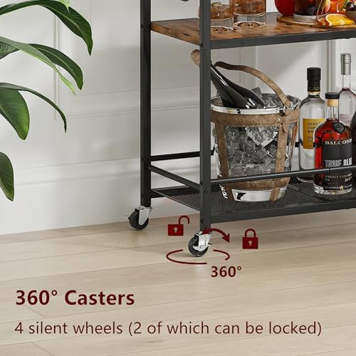 Image of 3 Tier Bar Cart, Small Beverage Cart, Mini Bar Cart with Wine Rack, Home Bar Serving Cart with Wheels for Kitchen Dining Living Room (Rustic Brown, General) GBC507R