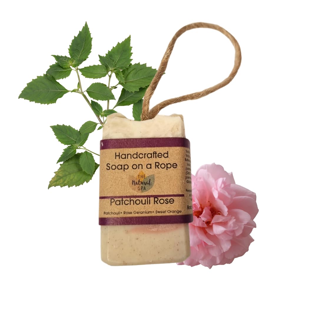 Soap on a Rope, Patchouli Rose, Plastic Free, Vegan, Palm Free Handmade in Devon uk
