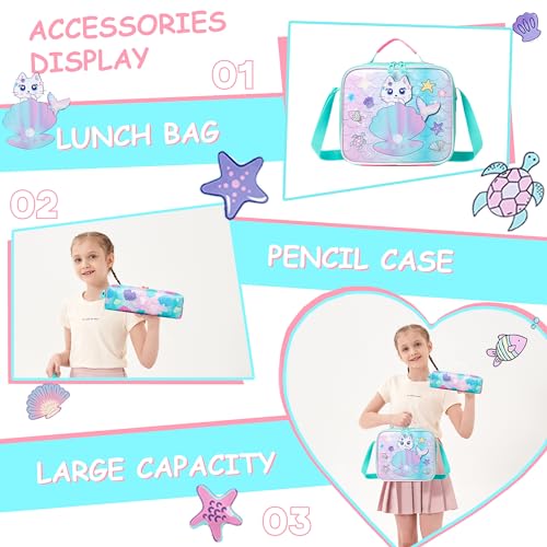 Rolling Backpack Kids Backpacks with Wheels for Girls 3PCS School Back Pack with Lunch Box Bookbag Age 8-10 Book Bag Kindergarten Preschool Kid Seashells and Cats4