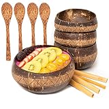 Rainforest Bowls Set of 4 Jumbo Zigzag Coconut Bowls, 4 Wooden Spoons & 4 Reusable Bamboo Straws - 1