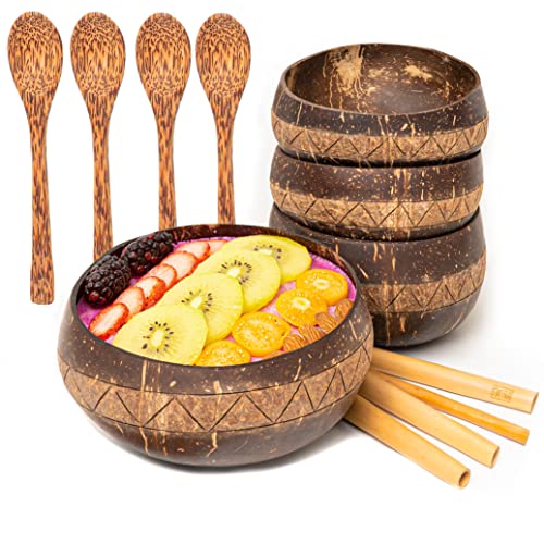 Rainforest Bowls Set Of 4 Jumbo Zigzag Coconut Bowls, 4 Wooden Spoons & 4 Reusable Bamboo Straws - 100% Natural, Hand Carved By Artisans, Eco-Friendly & Sustainable - Smoothie/Acai/Salad Bowls #TOP10