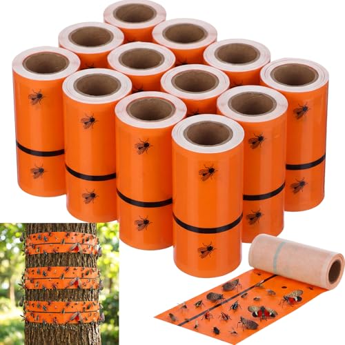 Mysora 12 Rolls (30 Feet Each) Spotted Lantern Fly Tree Trap Outdoor Fruit Fly Sticky Strips Paper Ant Insect Sticky Barrier Tree Trunk Wraps to Protect Trees Plants, Lawn, Garden(Orange)