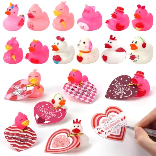 36 Pcs Valentines Day Gifts for Kids Classroom Mini Valentine Rubber Ducks with Cards Cute Small Duckies Pink White in Bulk for Girls Boys Exchange Prizes Bath Toys Party Favors