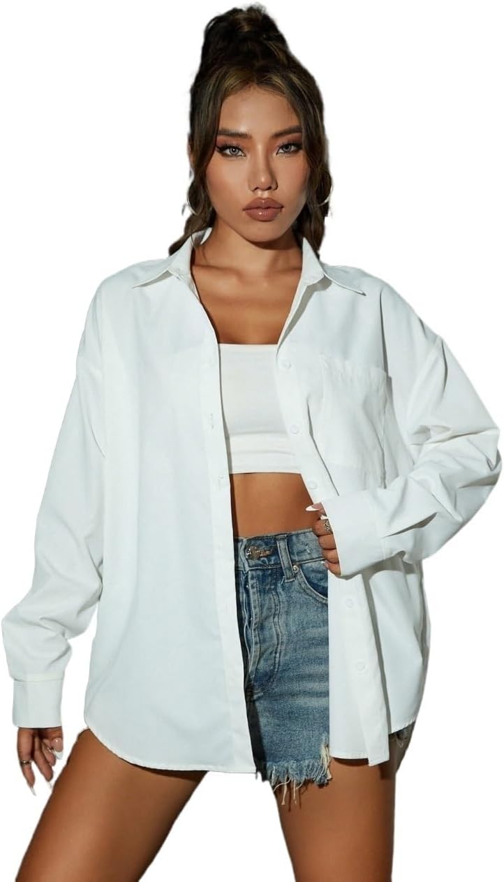 Women's Classic-Fit Shirt Hem Drop Shoulder Blouse Shirt