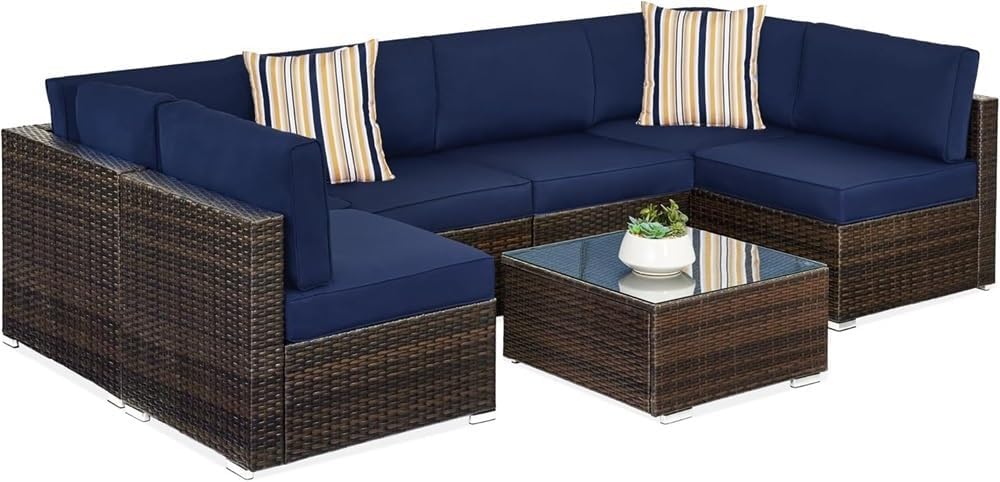 Patio Conversation Set with Tea Table Outdoor Rattan Sectional Sofa 7 Pieces Outdoor Patio Porch Furniture Sets