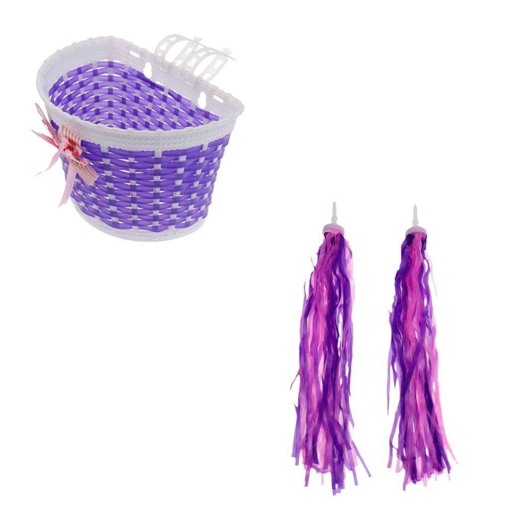 Tiuimk Kids' Bike Accessories Set - Purple Bike Streamers + Purple Bike Basket with Pretty Bow | Fun and Stylish Decorations