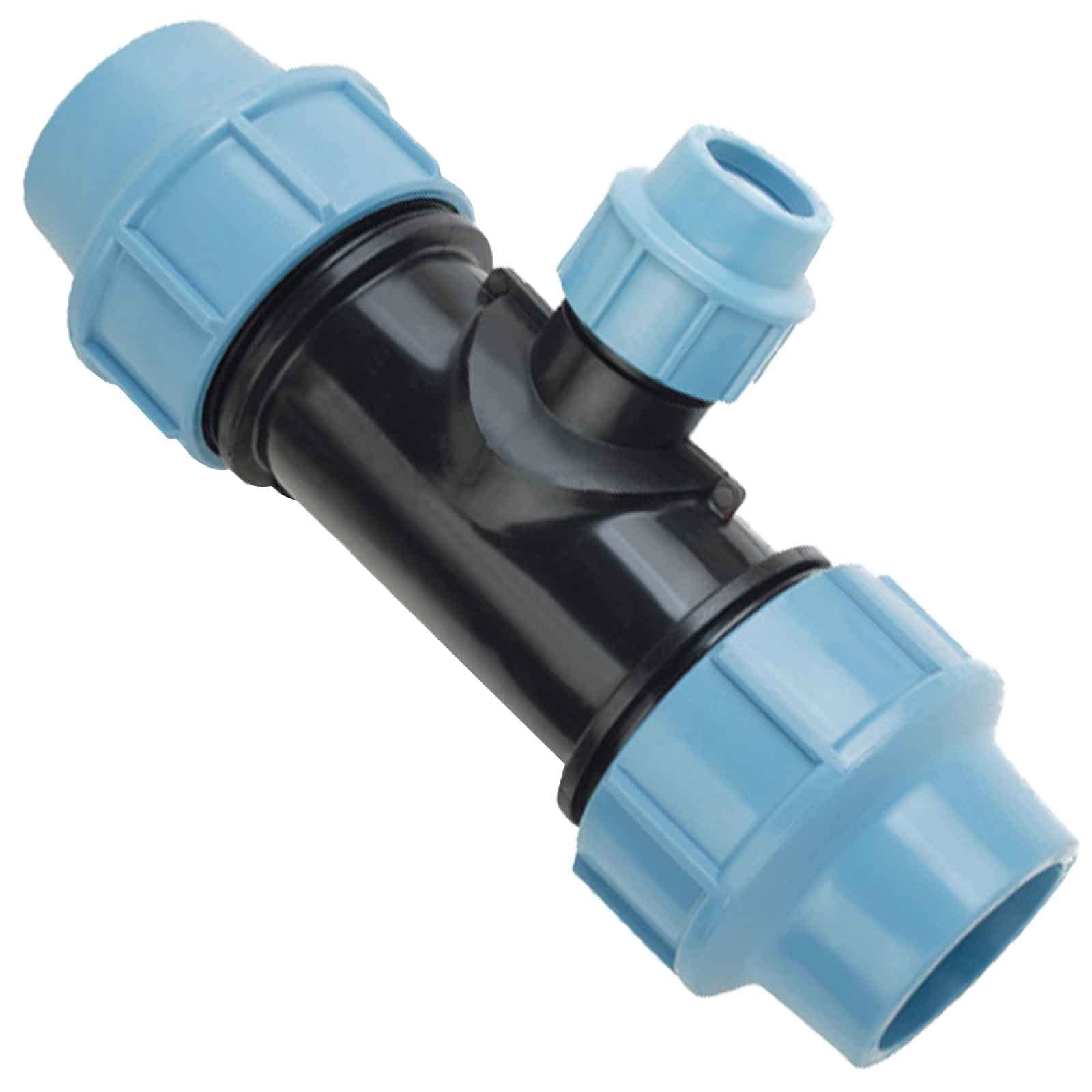 MegaHaustechnik PP Fitting Klemmverbinder T-Stück Reduzierung für 50 x 32 x 50mm PE Rohr Außendurchmesser Trinkwasser PN16 Verschraubung blau
