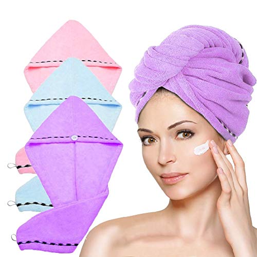 LayYun Hair Towel Wrap for Women, 3 Pcs Microfiber Super Absorbent Quick Dry Hair Turban for Drying Curly, Long & Thick Hair (Blue+Pink+Purple)