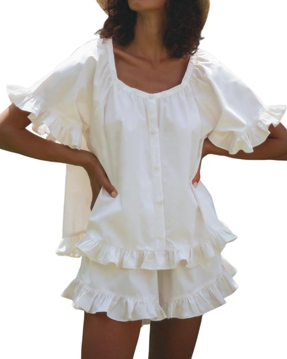 Womens Fashion Summer Short Sets Short Sleeve Button Down Ruffle Trim Top and Shorts Cotton Pajama Sets
