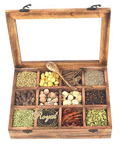 Brainmart Multipurpose Utility Table Top Wooden Spice Box for Kitchen Glass Top with Spoon  Wood Container with Lid Decorative Masala Dabba Organizer Handmade Spice Storage Racks Jars 12 Container