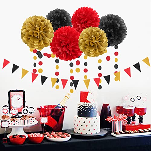 Image of Red-Black Gold Casino-Theme Graduation Party-Decorations - 23pcs Kits Game Night Streamer Tissue Paper Pom Poms,Tassel Garland Banner,Birthday Wedding Baby Bridal Shower Decor Lasting Surprise