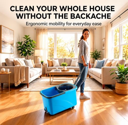 Image of Spin Mop Bucket Set with Stainless Steel Wringer, 360 Rotating Microfiber Mop Head, Adjustable Telescopic Handle, Floor Cleaning System for Home, Kitchen, Bathroom & Office (Plastic Blue)