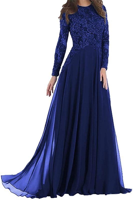 Lace Applique Mother of The Bride Dresses Chiffon Long Wedding Guests Gown Long Sleeve Formal Evening Dress4