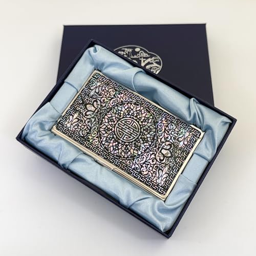Image of Mother of Pearl Business Card Case Credit Id Name Holder Travel Wallet Art Painting Design Metal Stainless Steel Engraved Slim Purse Pocket Cash Money Wallet (N-Pattern)