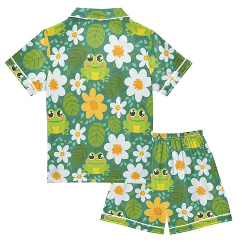 ALAZA Cute Frog Flower Leaf Pajamas Satin Pajama Set Short Sleeve Button Down Sleepwear2